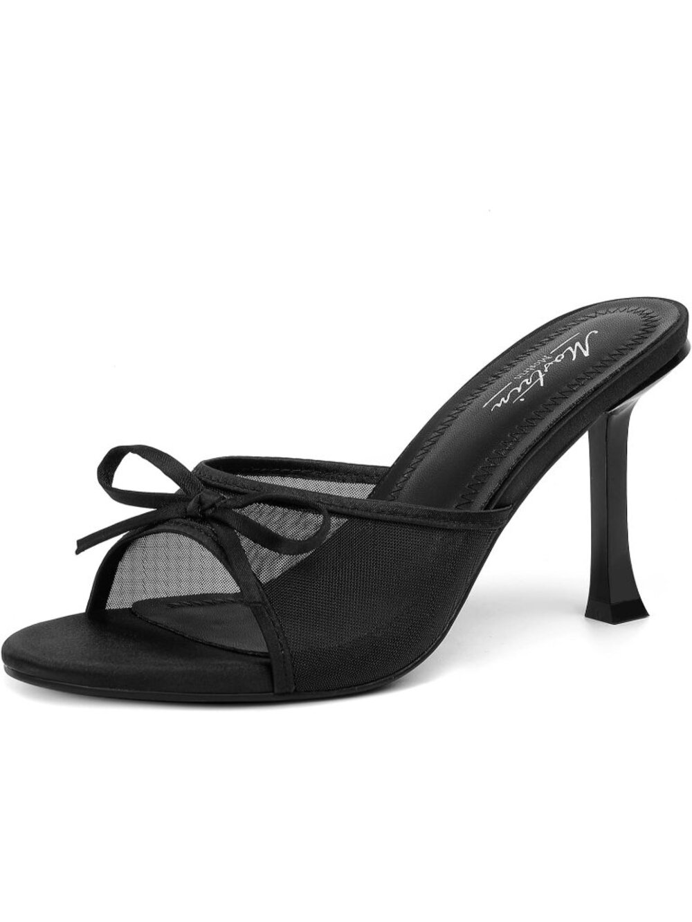 Women's Black Round Toe Strapless Kitten Stiletto Heels Backless Party Sandals